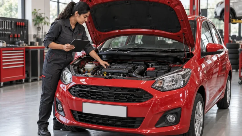 Technician inspecting a red hatchback with its bonnet open in a workshop