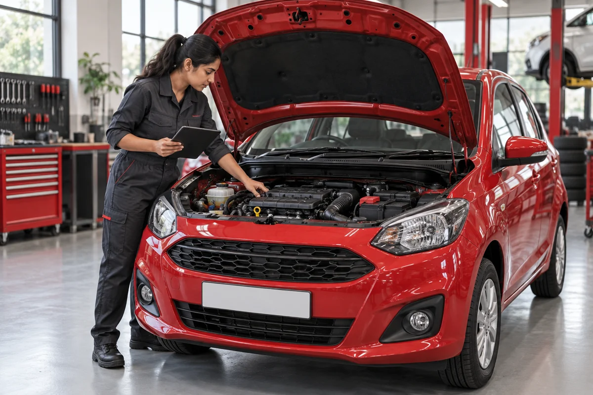 Technician inspecting a red hatchback with its bonnet open in a workshop