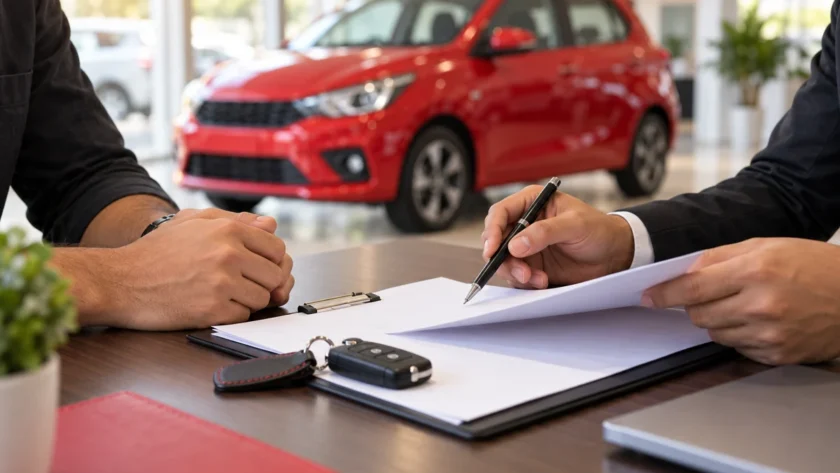 Car keys and paperwork being reviewed for an illustrative used-car ownership transfer