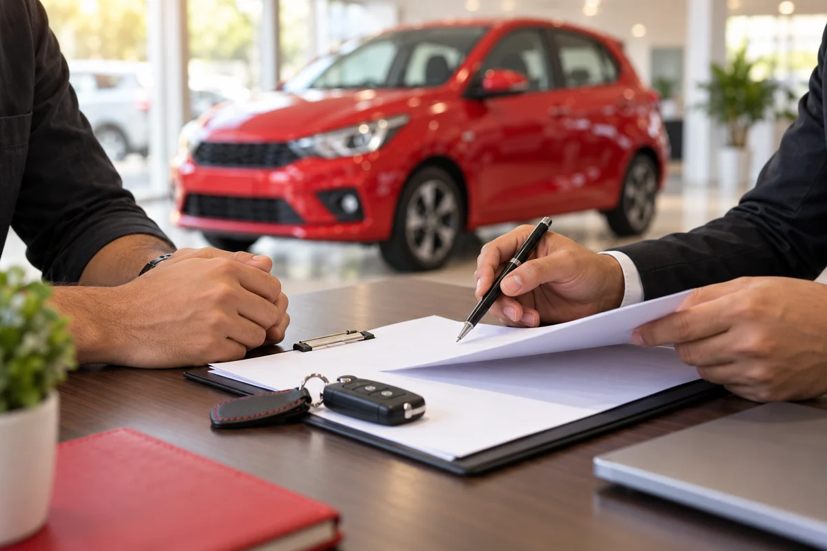 Car keys and paperwork being reviewed for an illustrative used-car ownership transfer